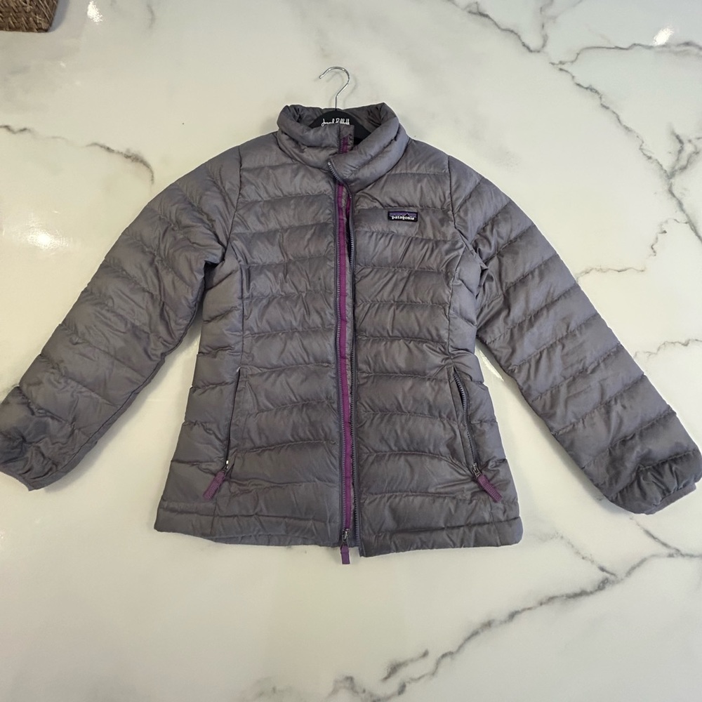 Lightweight puffer jacket for older girls. Satin purple silver sheen.